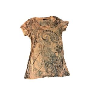 VTG Y2K Limonata Peach Orange Paisley Floral Print Top Slim Fit M Fairy Grunge